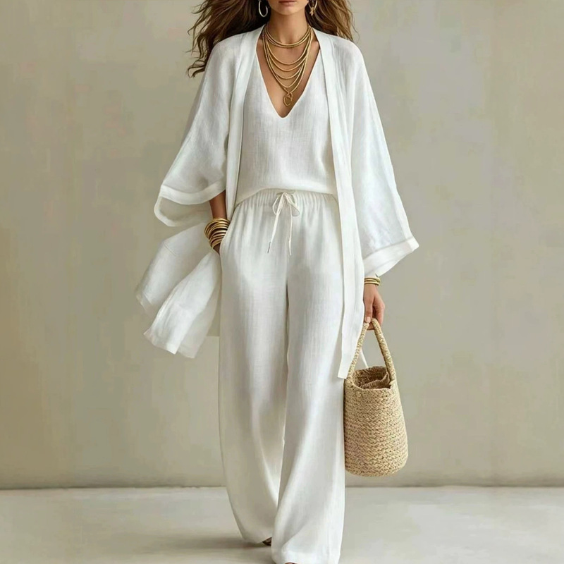 Women's three-piece linen suit: V-neck vest, kimono-style cardigan, knotted wide-leg pants, casual vacation wear
