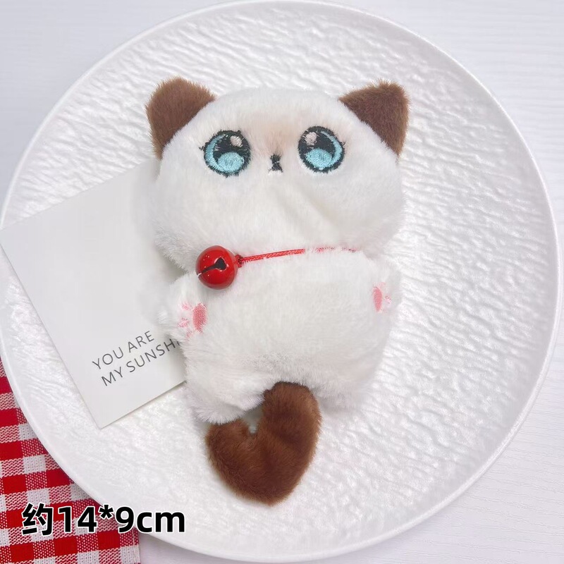 吱吱叫暹罗猫毛绒挂件大眼铃铛猫领结猫箱包钥匙扣猫咪公仔小挂饰|undefined