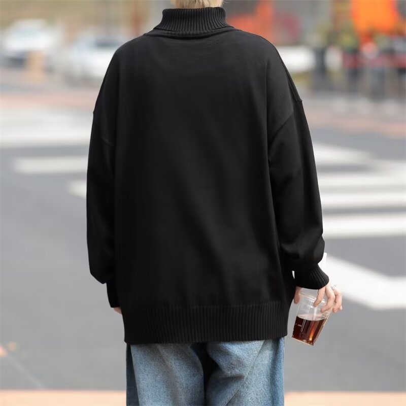2024 면 인테리어 가을과 겨울 매우 간단한 바람 느슨한 둥근 목 단색 세미 하이 칼라 스웨터 남성 패션 | 기모