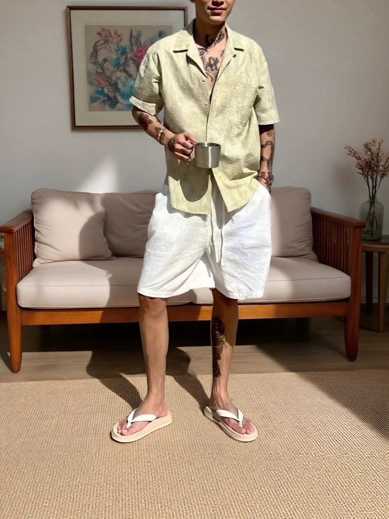 老钱风男士仿亚麻白色短裤夏薄款海边度假风裤子松弛慵懒感沙滩裤
