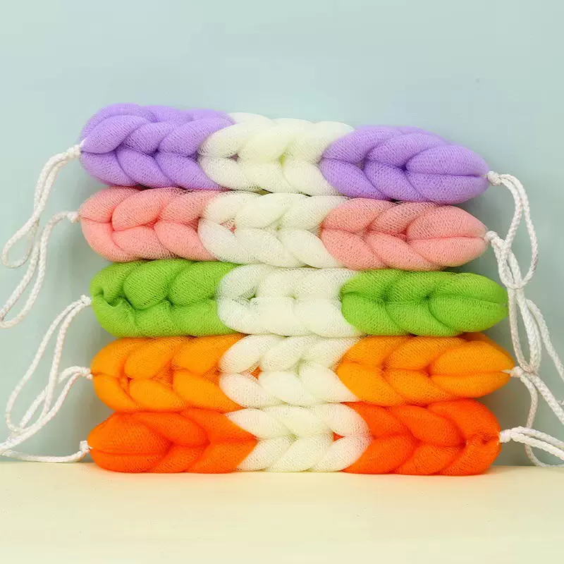 70克双拼沐浴条家用洗澡沐浴球搓澡巾搓背条柔软起泡长条浴球花