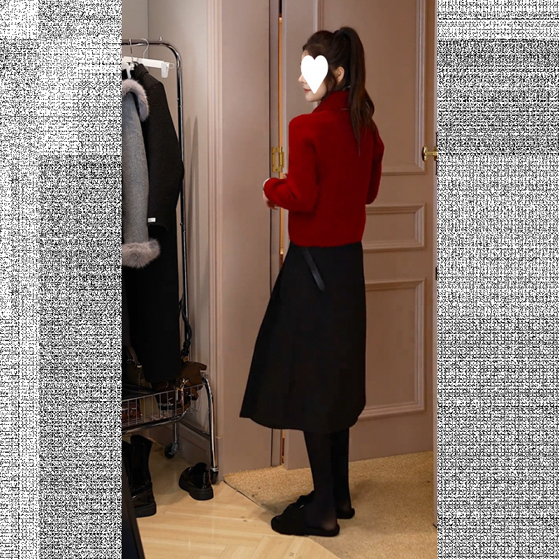 가을 여성의 2025 새로운 한국식 탈착식 스카프 스웨터 올 매치 슬리밍 오버 스커트 투피스 세트