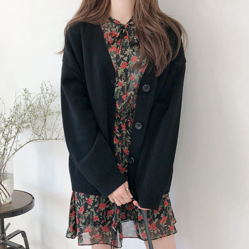 网红慵懒风外套女毛衣女开衫潮学院风秋冬新款韩版宽松v领针织衫|undefined