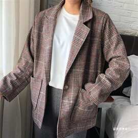 春秋2023新款Chic宽松复古格纹时尚翻领口袋长袖小西服外套女学生