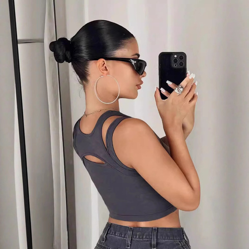 US and European summer spicy girl sexy slimming short openwork two-piece halter sport casual cross women's top and vest