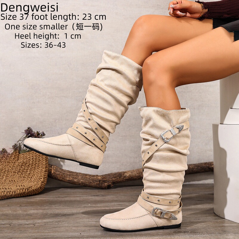 European and American Style Versatile High-Top Knee-High Boots with Flat Soles, Round Toe, Large Size Women's Boots with Belt Buckle and Rivets, Slip-On Style European and American Style Versatile High-Top Knee-High Boots with Flat Soles, Round Toe, Large Size Women's Boots with Belt Buckle and Rivets, Slip-On Style