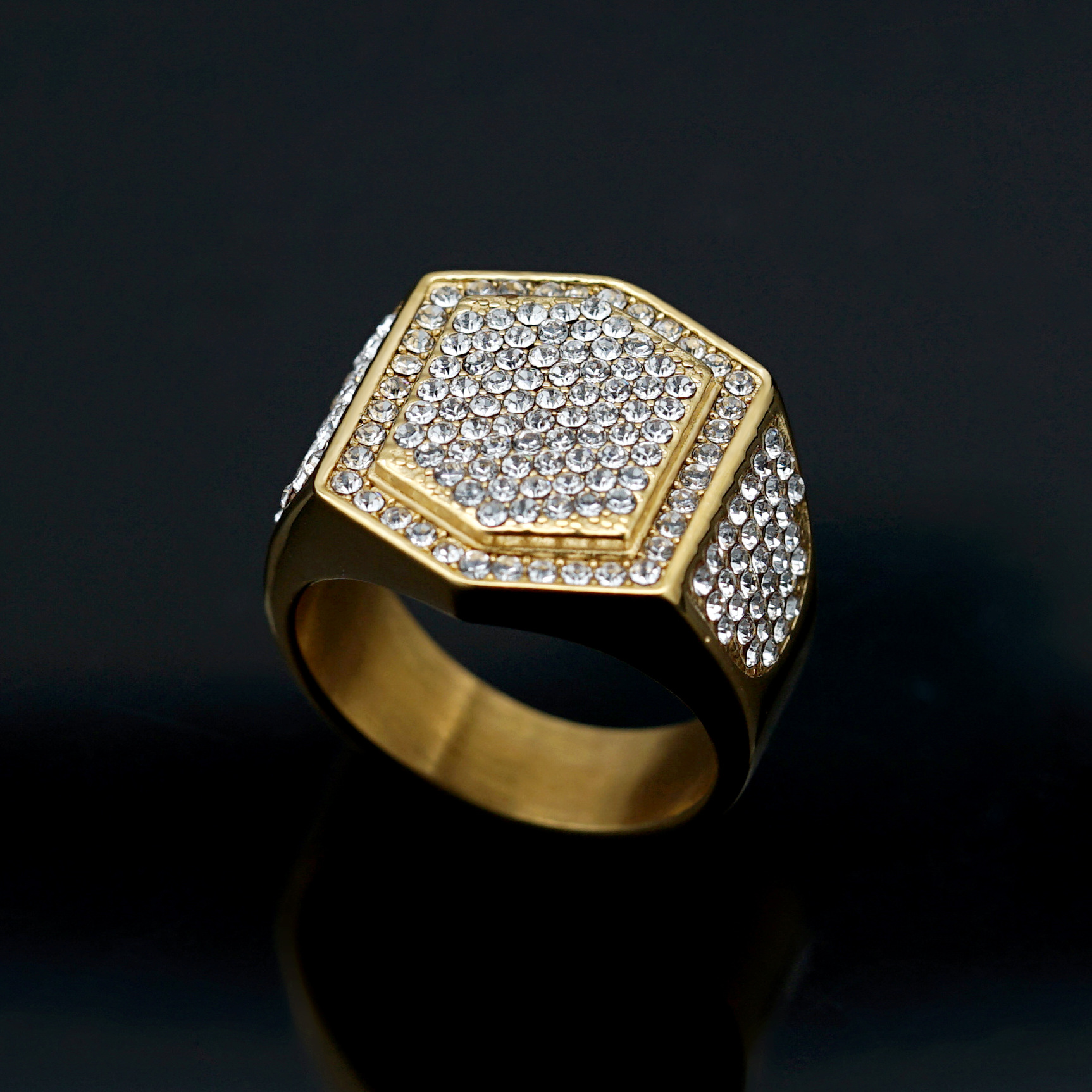 Hip-hop Hexagon Stainless Steel Gold Plated Rhinestones Rings display picture 2