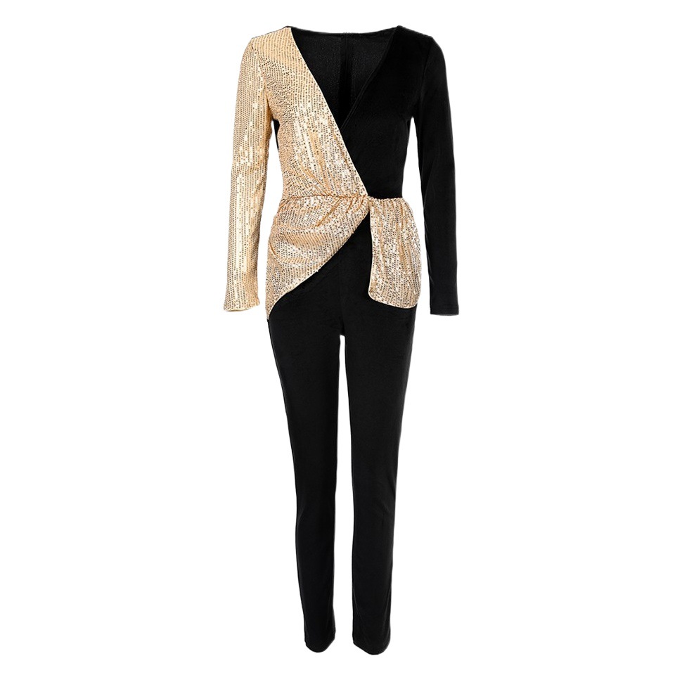 Mono elegante de lentejuelas de dos tonos, negro y dorado, de cintura alta, estilo transfronterizo de Amazon 2025.
