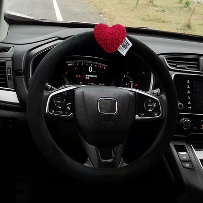 Sürətlər qutusu və əl tormozu başlıqları — Headrest and Neck Pillow, Cute - short-plush-style-red-heart-black-steering-wheel-cover