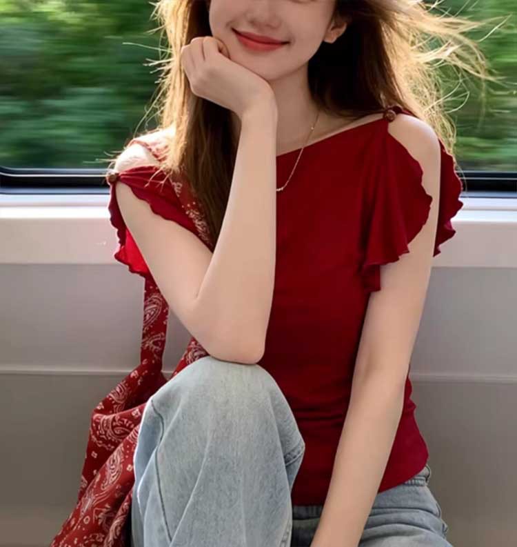 Áo thun nữ không tay cổ chữ V phối dây buộc eo, dáng ngắn ôm sát — màu đỏ chi tiết 3