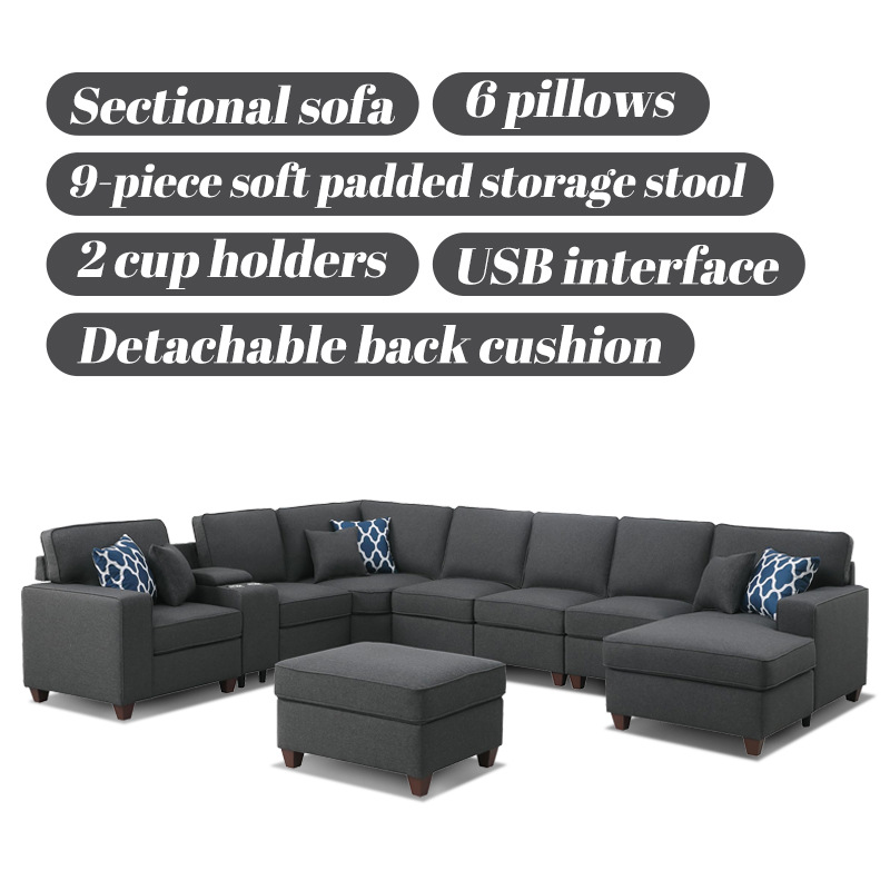 Venta al por mayor de lino moderno desmontaje y montaje de sofá esquina en forma de U 7 plazas sala de estar juego de sofá de tela seccional