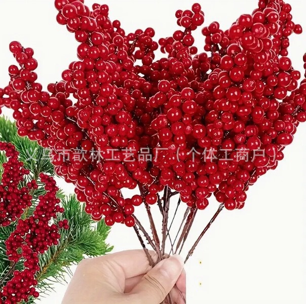Cross-Border Hot Selling Christmas Simulated Berry Cuttings Decoration New Year Holly Red Fruit Fortune Fruit Simulated Flower Berries Wholesale