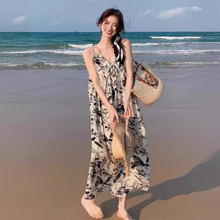 Ink Painting Floral Suspender Dress Summer Women's French Niche Loose Lazy Style Knee-Length Beach Skirt