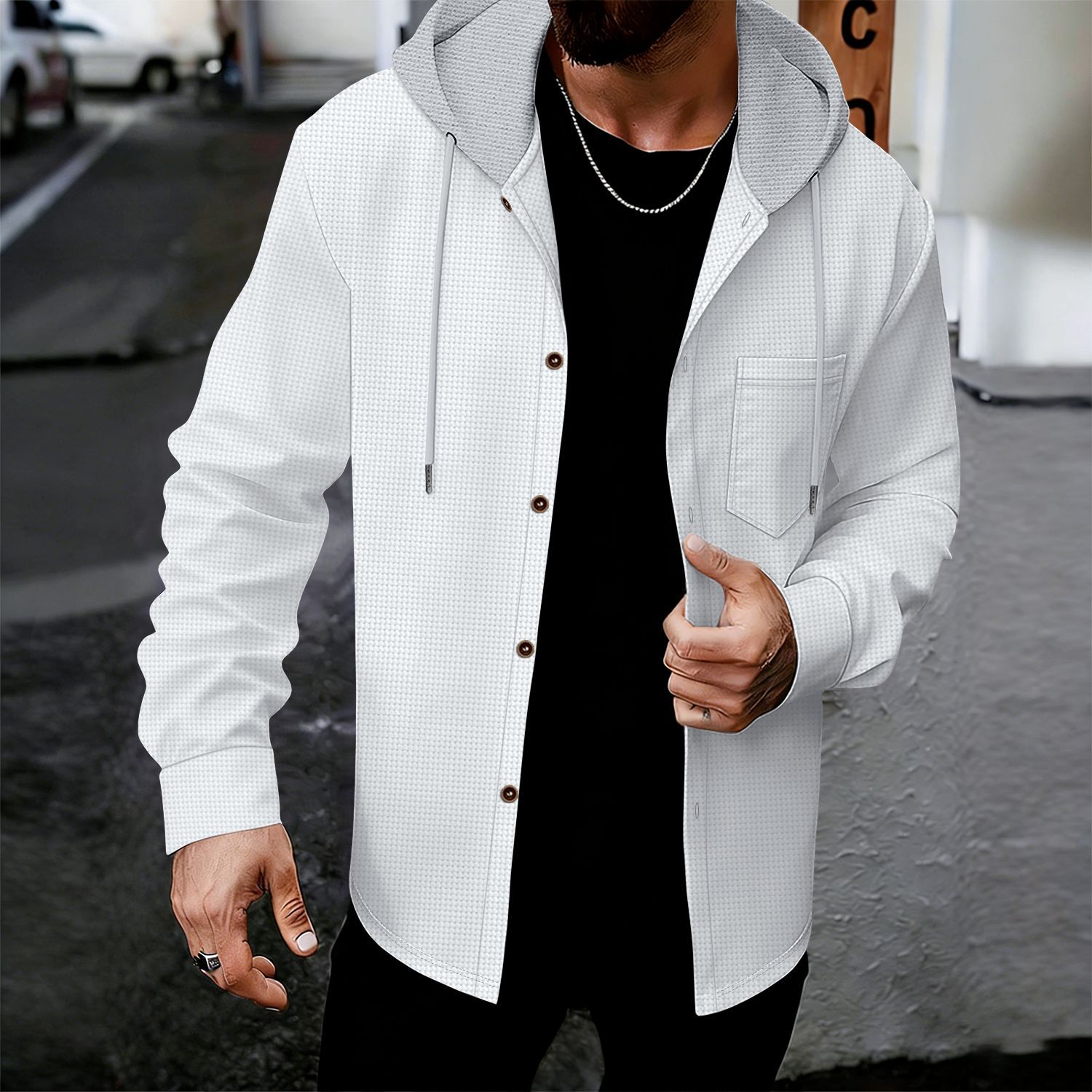Heren wafelgebreide hoodie met zakken en knopen voor casual look_voghion.com