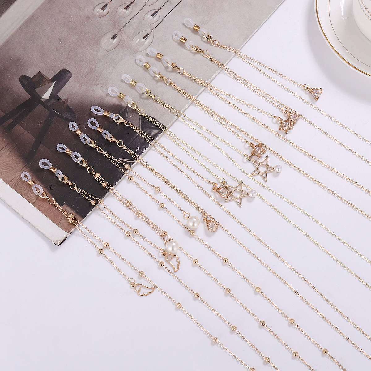 Gafas europeas y americanas de metal Halter Perla de cinco puntas estrella colgante cuello Gafas de metal cadena máscara de cordón gafas de cuerda