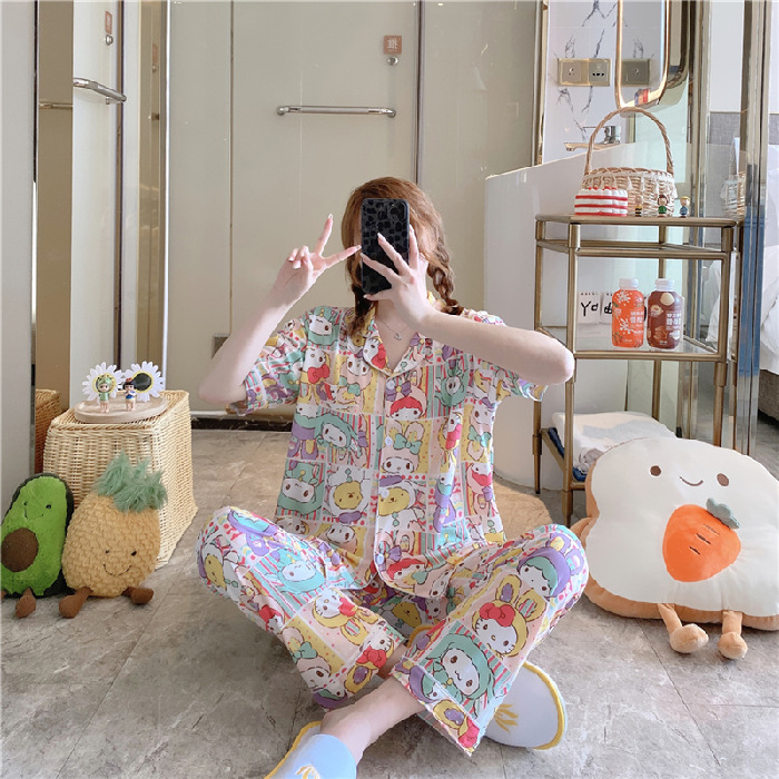 Pantalones de manga corta pijamas de las mujeres de verano estilo coreano ins cardigan leche traje de seda hogar ocio dibujos animados estudiante fuera image 21