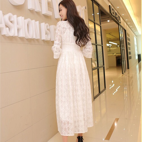 Ladies Summer Dress with Lace V-Neck Fitted Waist Skirt Korean Style Dress Vacation Women Beach Dress