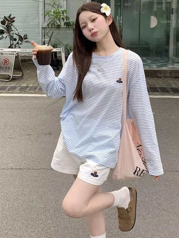 薄い漫画刺繍ストライプ長袖ブラウス Tシャツ女性の夏のデザインミッドレングスルーズ日焼け止めトップ|undefined