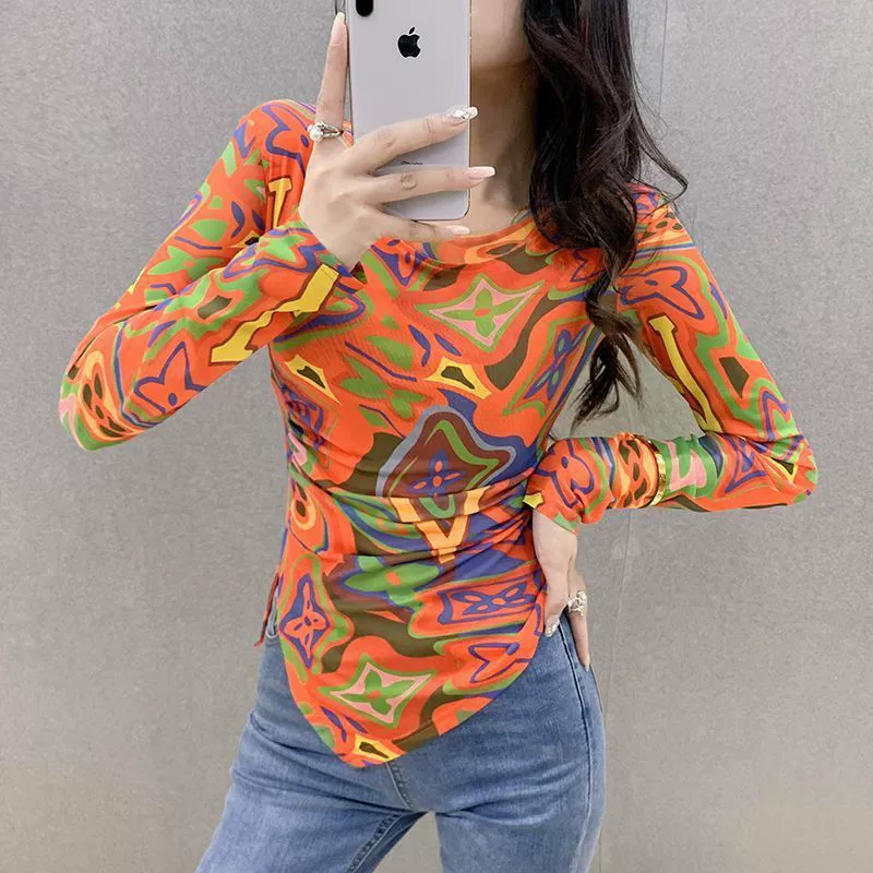 Европейская сетчатая рубашка в стиле ретро в западном стиле с круглым вырезом и асимметричным разрезом, Модная приталенная футболка с длинным рукавом