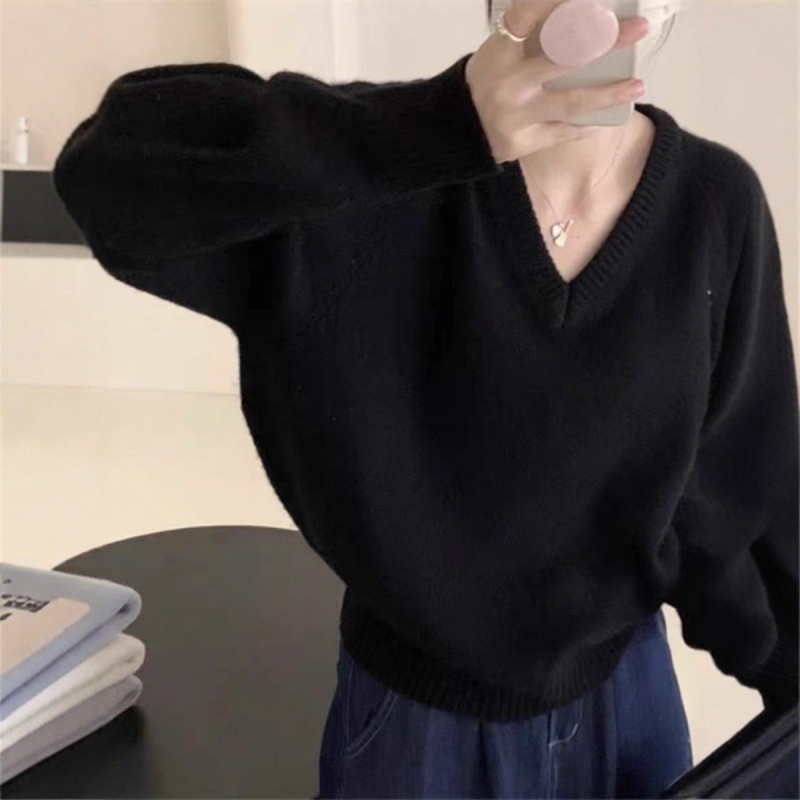 韩系秋冬新款套头毛衣女V领宽松休闲高级感软糯慵懒针织女装上衣|undefined