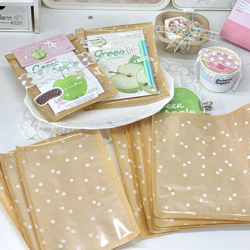 Korean-Style Brown Leather Polka Dot Small Paper Bag with Transparent Film, Packaging Material, Card Packaging, Blogger's Same Style Paper Bag