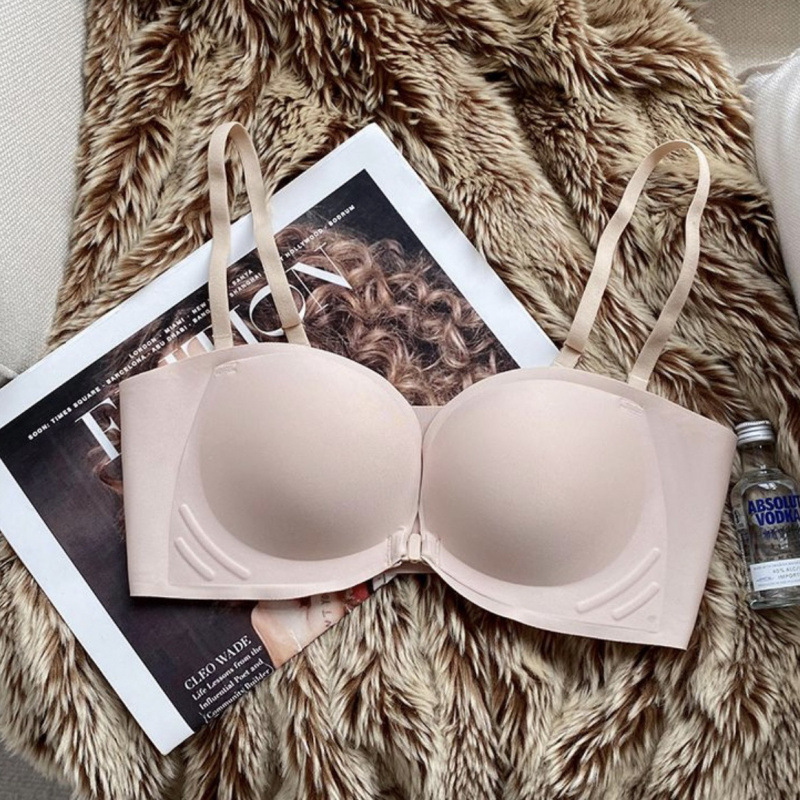 女性用ストラップレスブラ、滑り止め、プッシュアップ、小さな胸が大きく見える、フロントボタン、美しい背中、薄い、厚い、シームレス、ノンワイヤーブラジャー|undefined