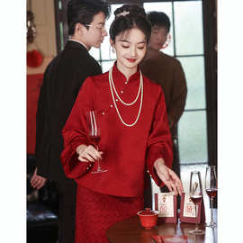 2024中式敬酒服新娘旗袍套装回门宴结婚当天便装酒红色订婚礼服裙