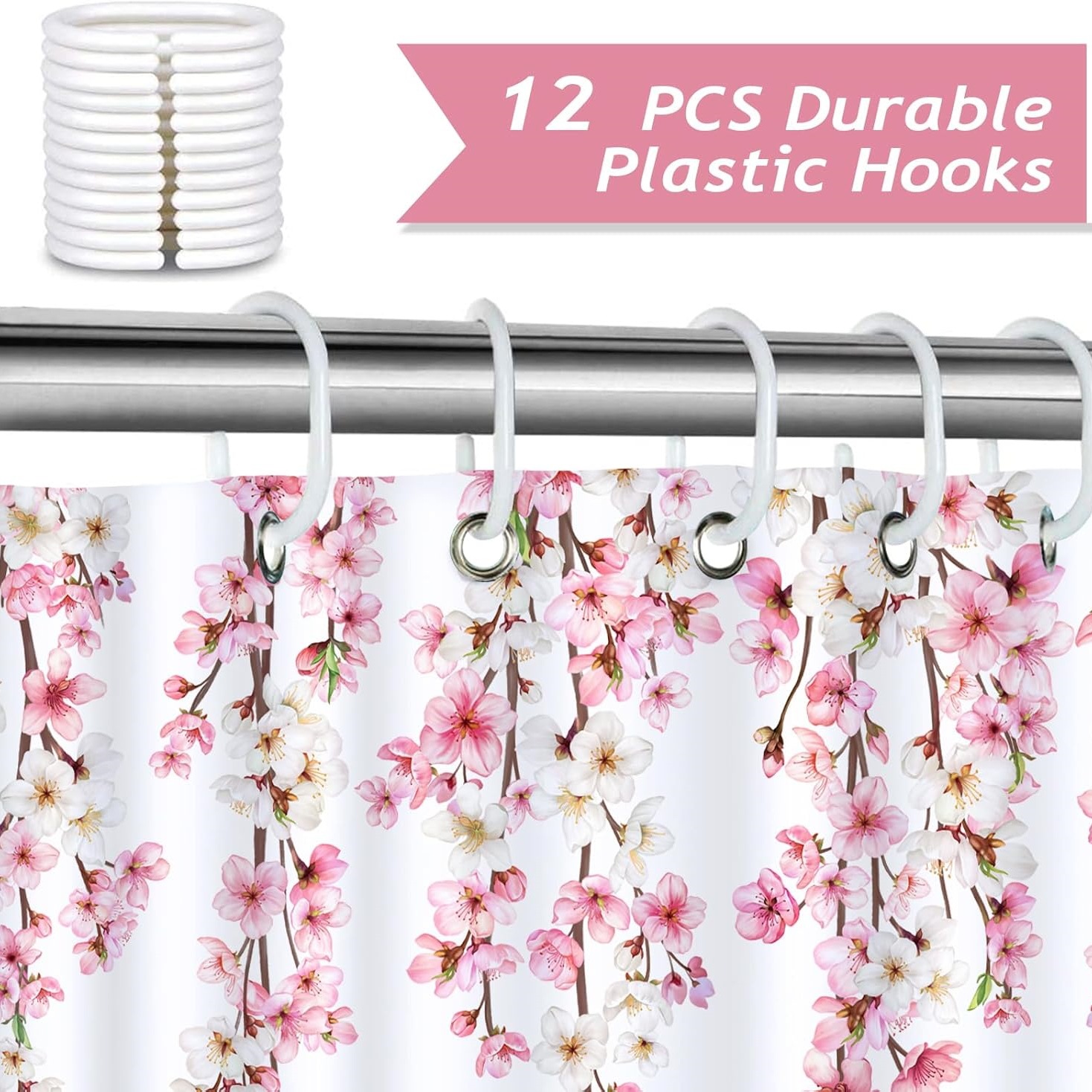 Suministro transfronterizo de cortinas de ducha con diseño de flor de cerezo rosa, cortinas de baño japonesas con diseño floral de primavera, textiles de baño de tela de poliéster