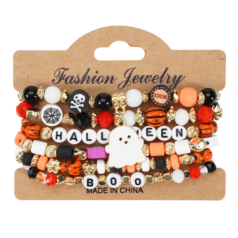 Halloween Bracelet Boo Halloween European and American Cross-Border Beaded Elastic Halloween Bracelet 6 Pieces/Set Halloween Bracelet Boo Halloween European and American Cross-Border Beaded Elastic Halloween Bracelet 6 Pieces/Set