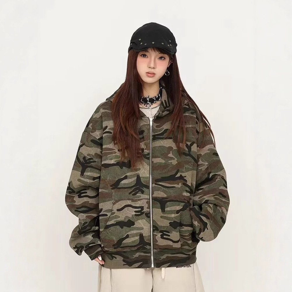 春秋季新款美式复古迷彩连帽加绒卫衣男女宽松百搭高街嘻哈风外套