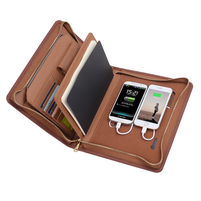 2023 The hardcover zipper leather with mobile power supply Padfolio…