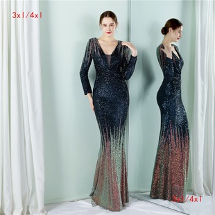 19037-S#3XL4XL Long Sequins Plus Size Fat Size Chubby Beauty Performance Dress Banquet Evening Dress
