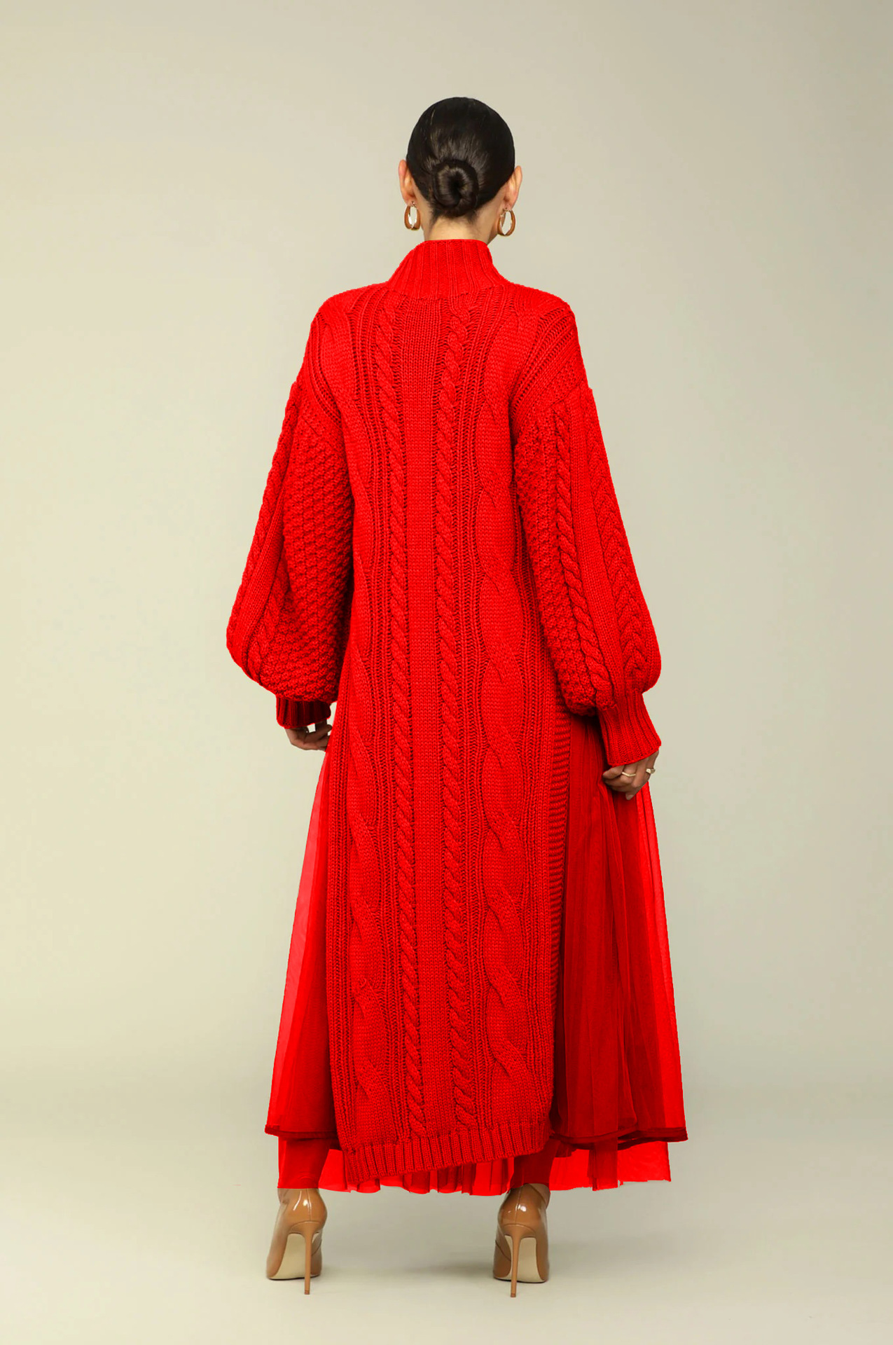 Women's Clothing women's fashion solid color lantern sleeve stand collar knitted skirt sweater skirt dress two piece suit_voghion.com
