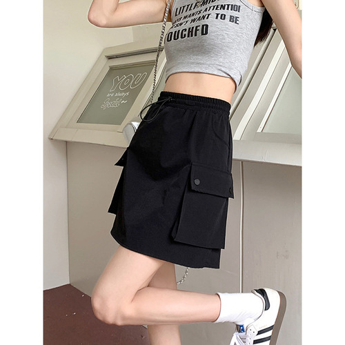 Elastic waist drawstring work skirt for women's summer 2025 new style spicy and cool high-waist design niche A-line skirt