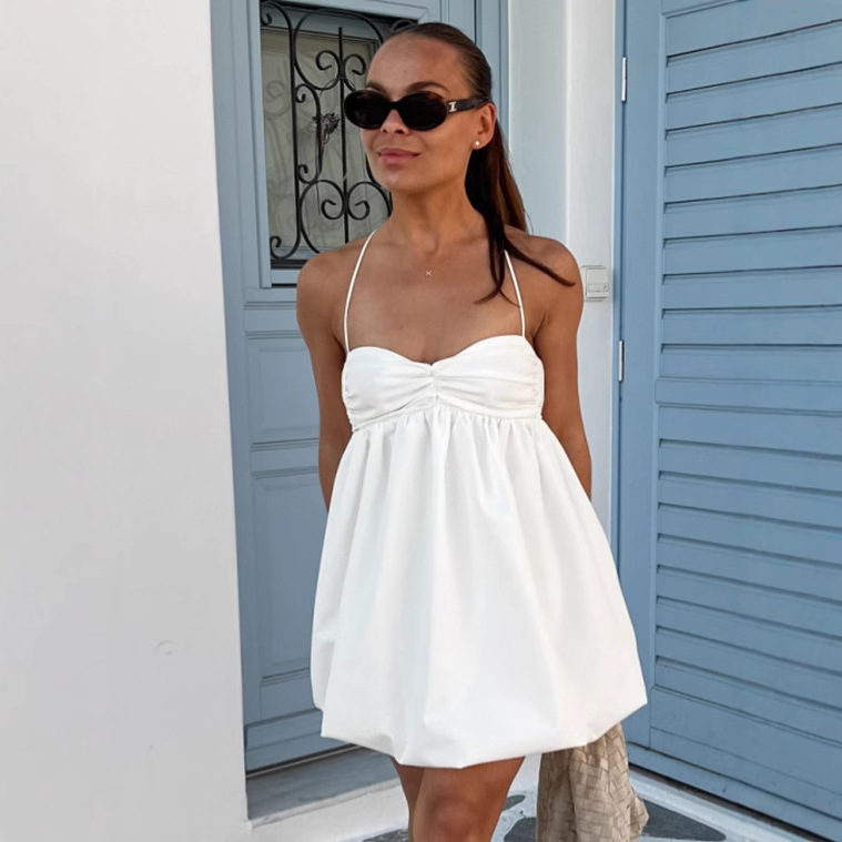 亚马逊性感白色吊带裙女2025跨境夏季海边裹胸A字裙短款外贸女装