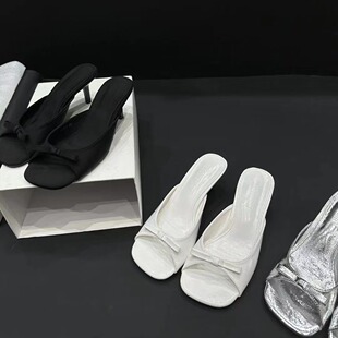 2025 Spring and Autumn New Women's Shoes Bow Ornaments High Heel Sandals Thin Heel Strip Wear Sandals Mueller