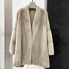 玥裘 进口天鹅绒短二貂皮大衣V领阔版阔袖中长款皮草外套