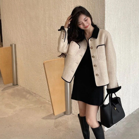 Áo khoác nữ dáng ngắn cổ bẻ phối màu kiểu Hàn Quốc — Áo khoác màu be nhạt, Áo khoác màu xám chi tiết 8