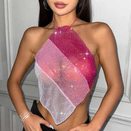 亚马逊吊带跨境新款渔网水钻上衣个性拼接系带背心辣妹挂脖吊带女