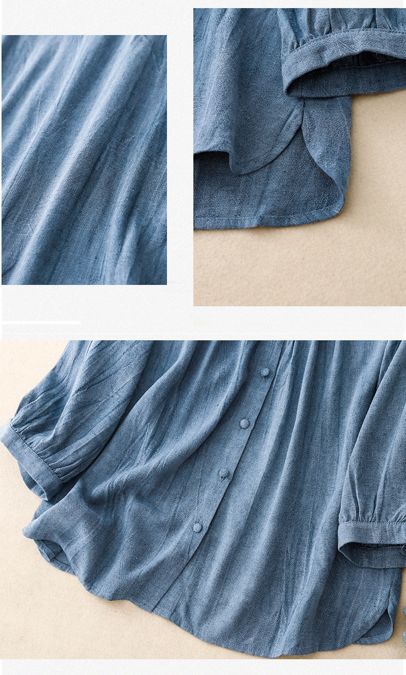 Women's Solid Color Button Down Cardigan Shirt Heavy Duty Cotton Linen Round Neck Three Quarter Sleeves Loose Fit Artistic Versatile Breathable Top_ecoleips.com