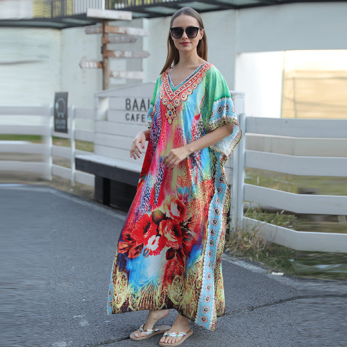 Beach Cover-up Sweatshirt Quick-Dry Printed Beach Sun Protection Shirt Loose Vacation Long Robe Bikini Swim Cover-up Sweatshirt 5D13