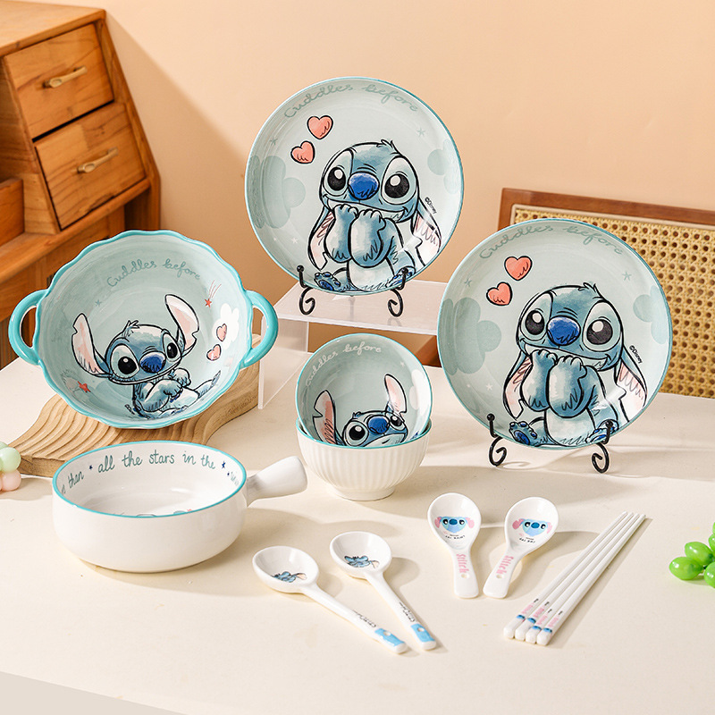 Stitch Cartoon Soup Bowl with Double Handles, Pasta Bowl, Tableware Set, Microwave-Safe Children's Tableware