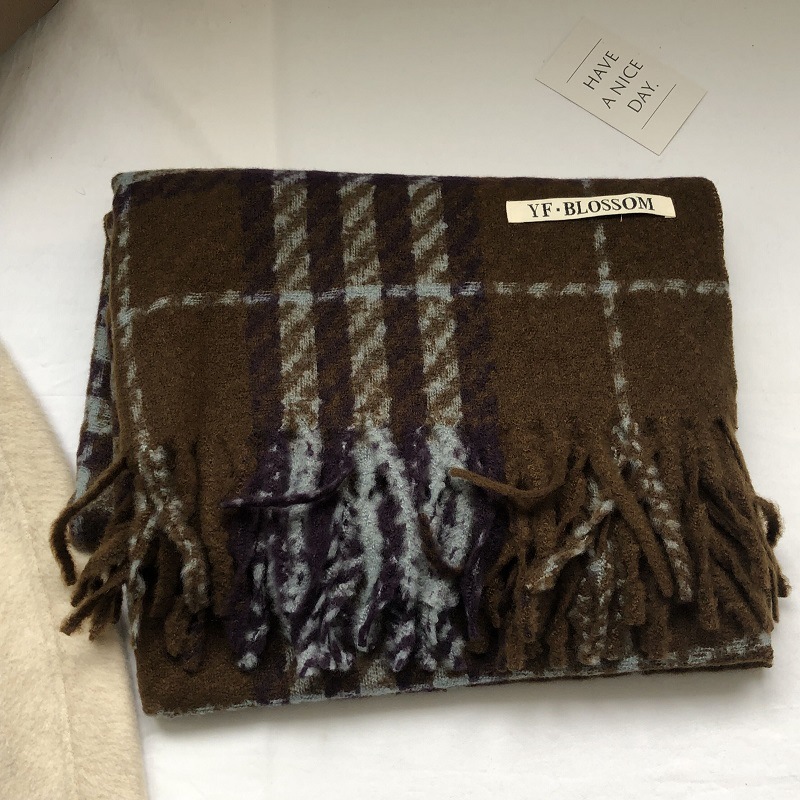 Women's Cashmere Scarf In Retro Blue Thousand Bird Grid Pattern_voghion.com