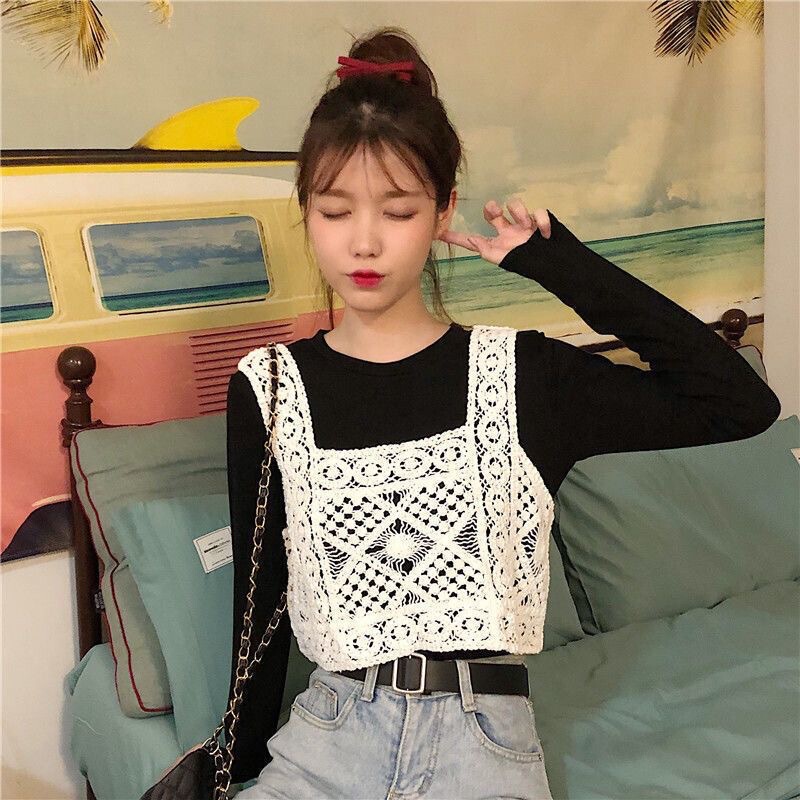 Small Camisole Embroidered Vest Hollow Knitted Short Inner Vest Women's Sleeveless Style Top All-match Small Camisole Embroidered Vest Hollow Knitted Short Inner Vest Women's Sleeveless Style Top All-match