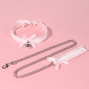 SM Sex Toy Lace Bell Collar Women's Neck Chain Bow Traction Rope Soft Girl Style Teach Adult
