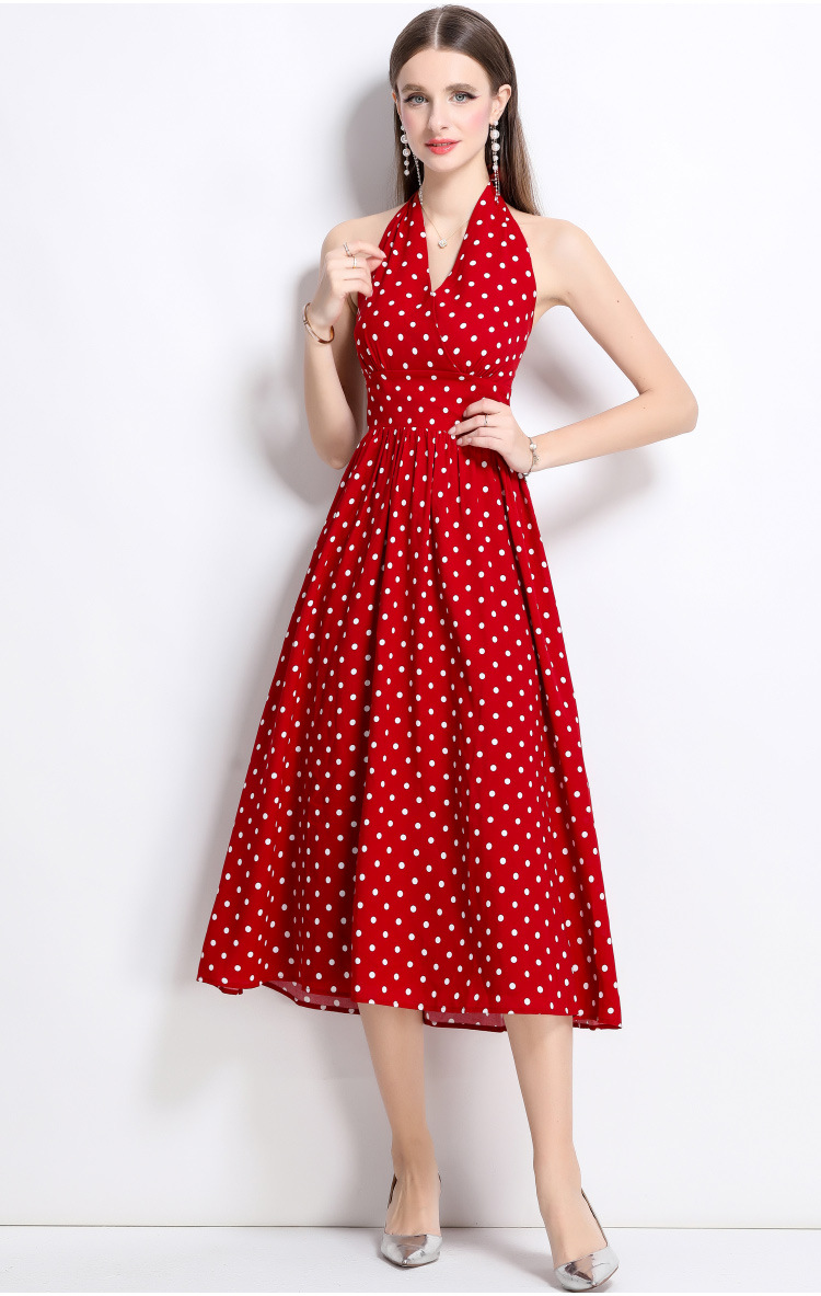 Đầm maxi cổ chữ V chấm bi đỏ phong cách Hồng Kông cổ điển, váy dài kiểu Pháp — Màu đen, Màu xanh lam, Màu trắng, Màu vàng chi tiết 8