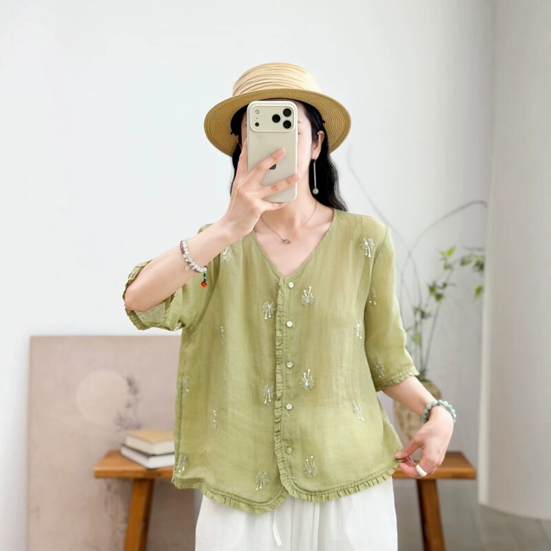 Beaded Bow Embroidered Ramie Shirt for Women, Summer Artistic Ramie Top, Loose Round Neck Lace Mid-Sleeve Cardigan Beaded Bow Embroidered Ramie Shirt for Women, Summer Artistic Ramie Top, Loose Round Neck Lace Mid-Sleeve Cardigan