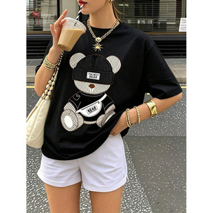 �W�a����Cute Bear Pattern T-Shirt, Japanese Style Cute Carto