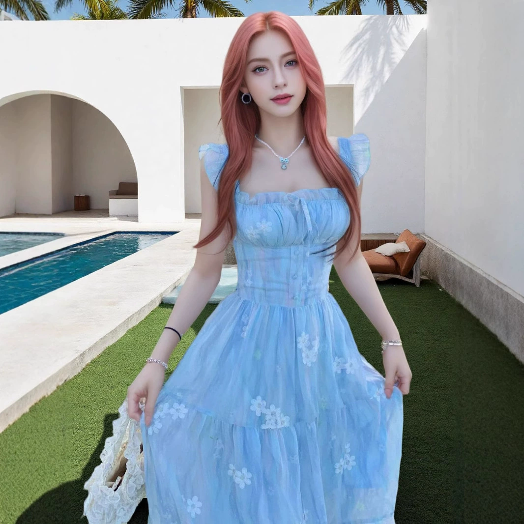 Трансграничный 2025 новый праздничный ветер маленький летающий рукав цветочный платье с открытой спиной и шикарная длинная юбка для внешней торговли