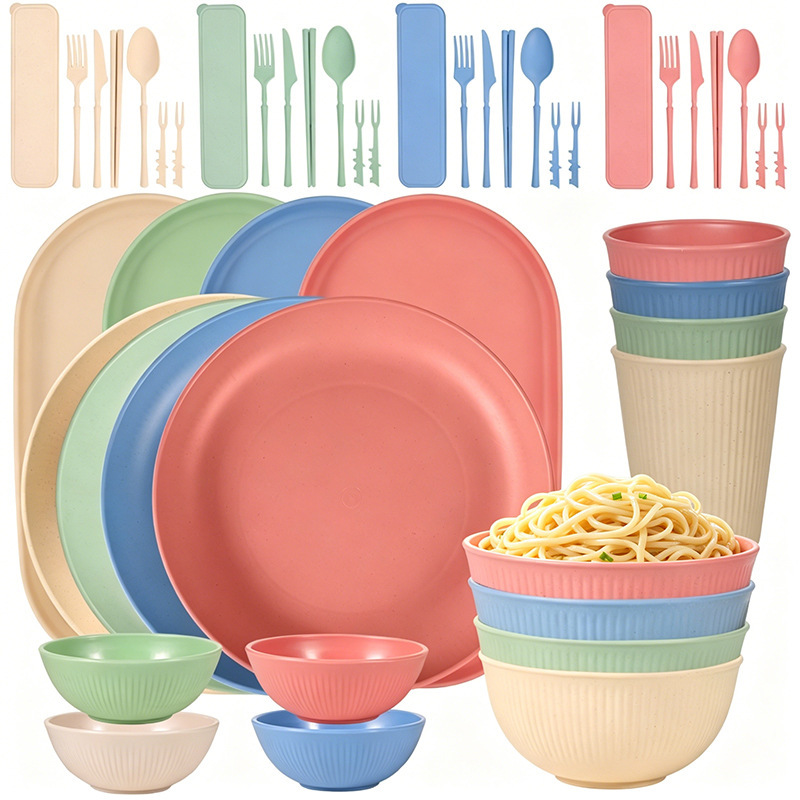 Cross-border wheat straw plate, bowl, cup, and dish 44-piece tableware set for home use, including salad plates, fish plates, rice bowls, cutlery, spoons, and dipping sauce dishes